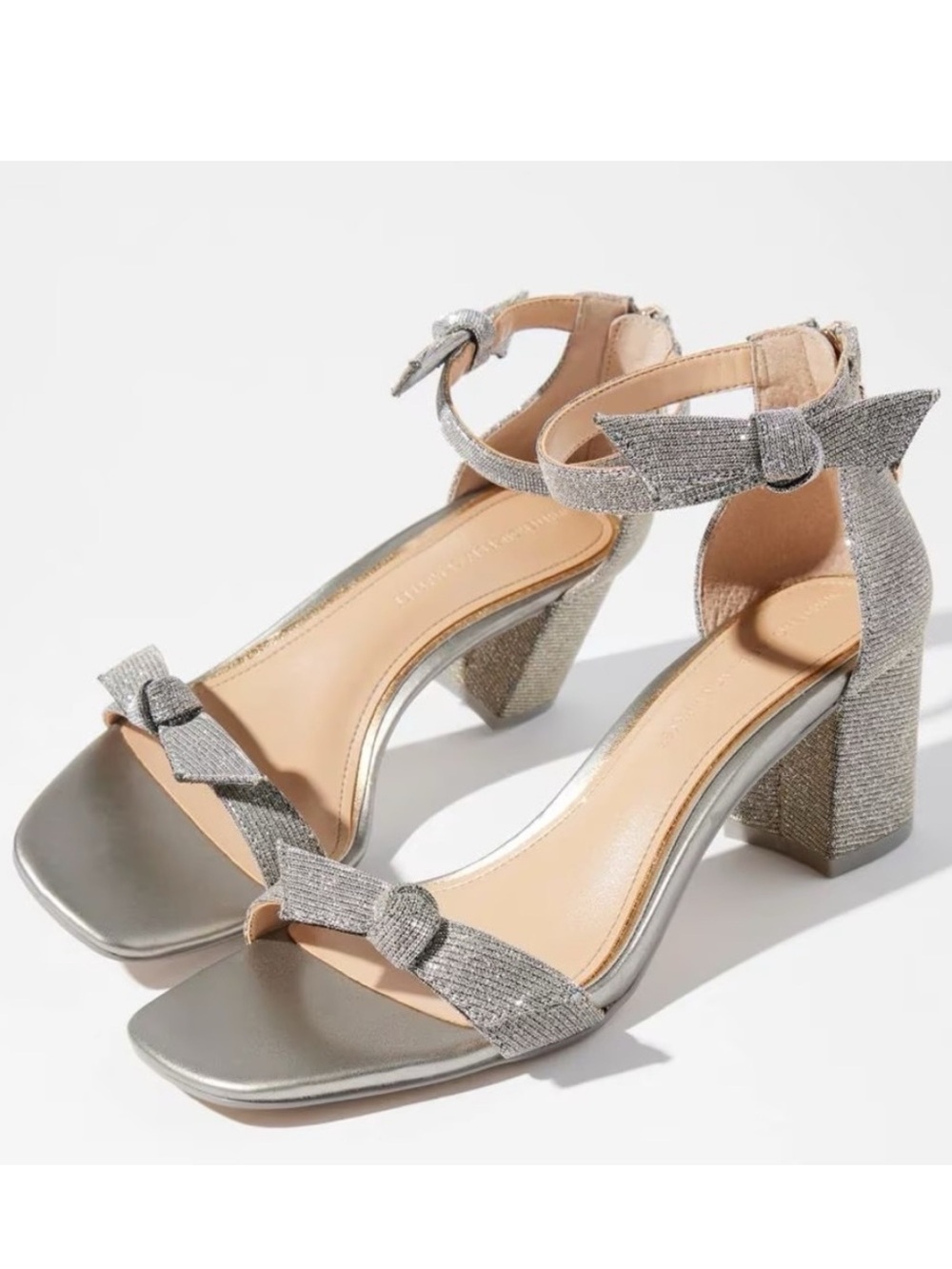 WHBM SILVER SPARKLE BOW BLOCK HEEL